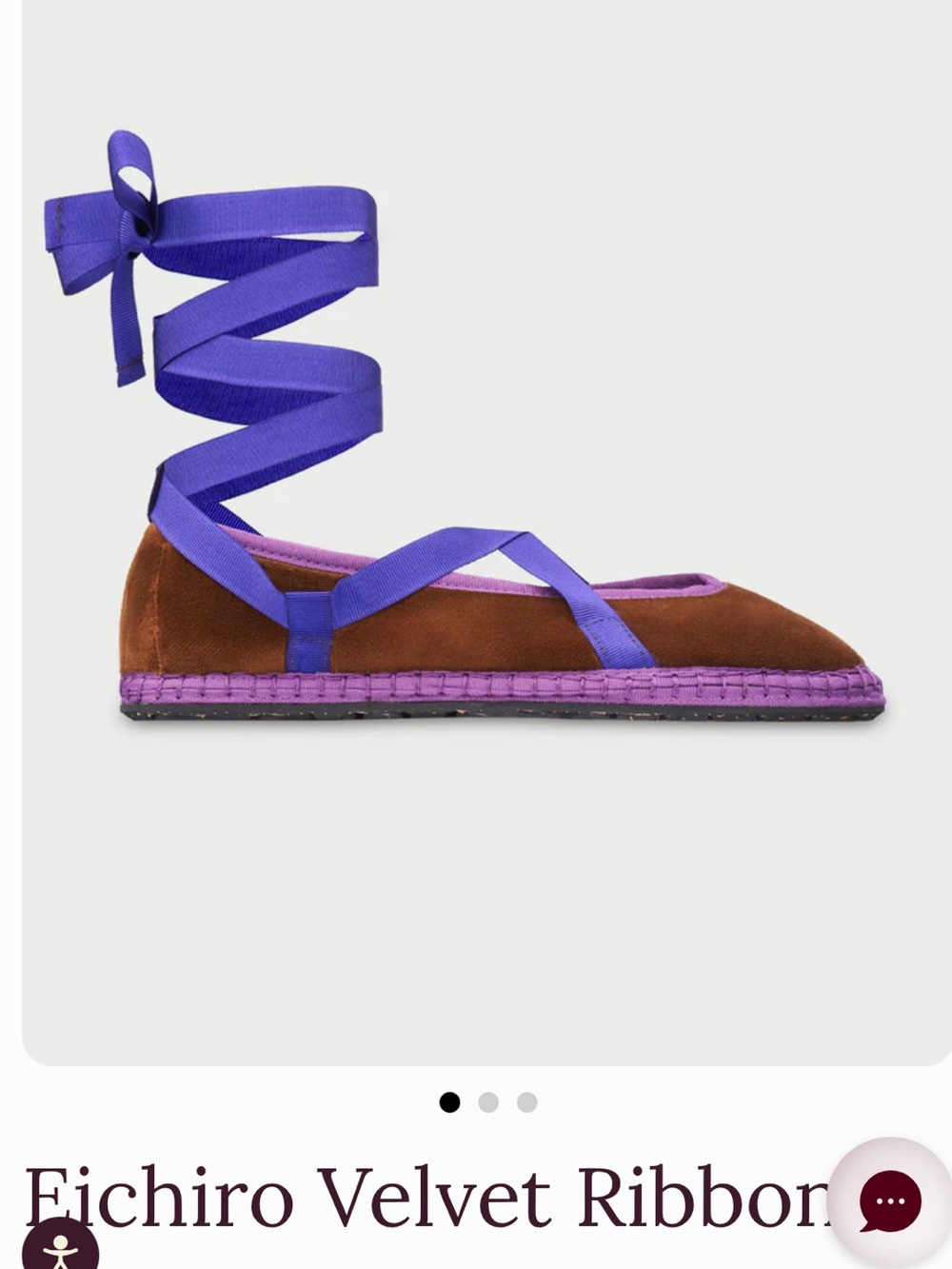 Flabelus Brown Velvet Ballet Flat with Purple Ribbon Tie - Picture 2 of 5